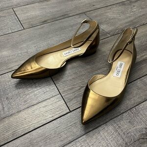 Jimmy Choo bronze metallic Pointed-Toe ankle strap Flats size 36.5